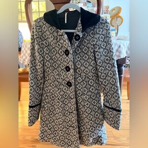Free People Black and White Retro Tapestry Collared Wool Pea Coat